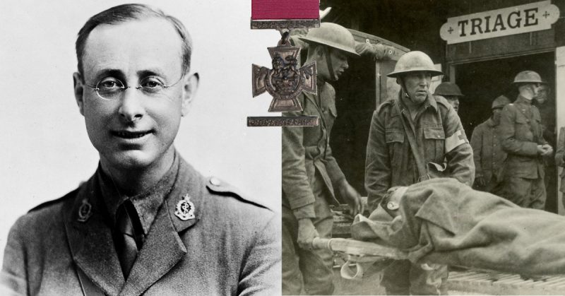 Left: Harold Ackroyd VC, MC (18 July 1877 – 11 August 1917). Wellcome Library, London - CC BY 4.0. Right: Triage station, Suippes, France, World War I. Otis Historical Archives Nat'l Museum of Health & Medicine - CC BY 2.0.
