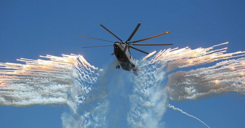 The Mil Mi-26 Russian Airforce military transport helicopter at Aviadarts military exercise at Dubrovichi Air Range. 