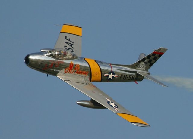 An example of an F-86. luckily the pilot was able to get out of there. Image: Wikipedia CC BY-SA 3.0, https://commons.wikimedia.org/w/index.php?curid=207921