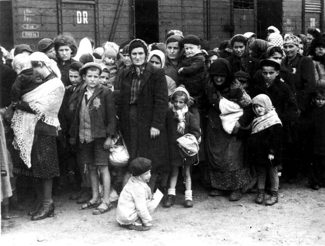 Jews on selection ramp at Auschwitz, May 1944. Photo Credit.