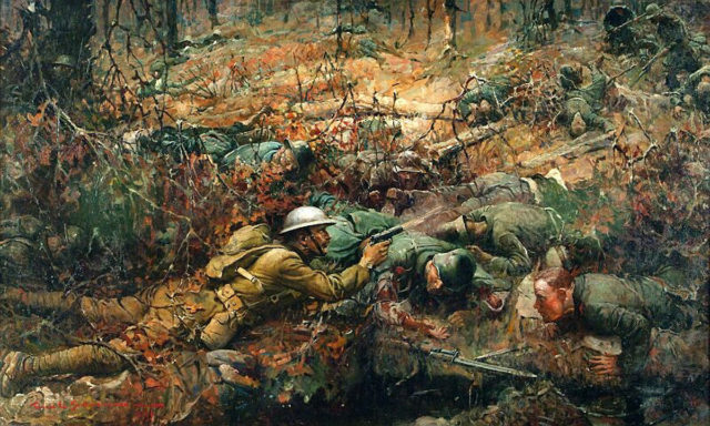 This battle scene was painted in 1919 by artist Frank Schoonover. The scene depicts the bravery of Alvin C. York in 1918. By Frank Schoonover - Taken at Allan Jones's house. Allan Jones is the current owner of the painting., Public Domain, https://commons.wikimedia.org/w/index.php?curid=23776223