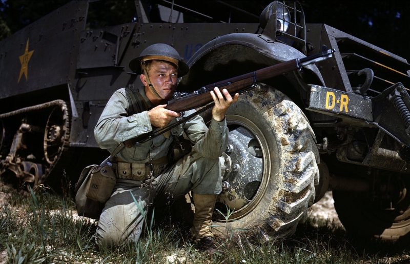 U.S. Army infantryman with M1 Garand rifle, Fort Knox, Kentucky.  Source: Public Domain