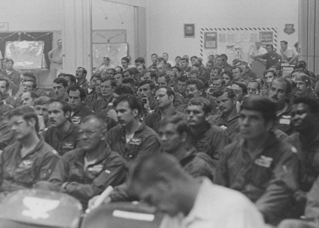 United States Air Force B-52 bombing crews at Andersen Air Base in Guam being briefed on the U.S.'s final major aerial bombing campaign in North Vietnam, Operation Linebacker II. Source: By United States Air Force - http://www.afgsc.af.mil/shared/media/photodb/photos/2012/12/121204-F-TK782-008.jpg, Public Domain, https://commons.wikimedia.org/w/index.php?curid=27996023