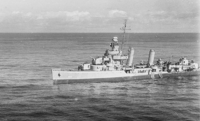 The U.S. Navy destroyer USS Corry (DD-463) with nets over her side, rescuing survivors of German submarine U-80, 17 March 1944. USS Corry (DD-463) sunked later on 6 June 1944. Source: Wikipedia/ Public Domain