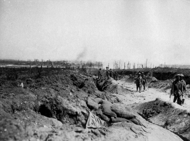 Road to Pozières: In the distance the village of Contalmaison is under German shellfire.