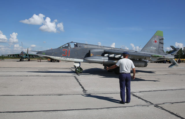 Russian Airforce Sukhoi Su-25 attack plane at Aviadarts military exercise at Dyagilevo Airbase, Ryazan. Russia. (Photo by Fyodor Borisov/Transport-Photo Images)