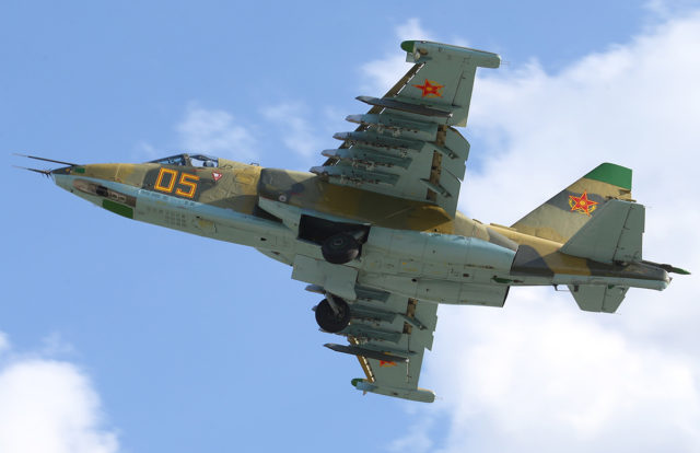 Kazakhstan Airforce Sukhoi Su-25 attack plane at Aviadarts military exercise at Dyagilevo Airbase, Ryazan. Russia. (Photo by Fyodor Borisov/Transport-Photo Images)