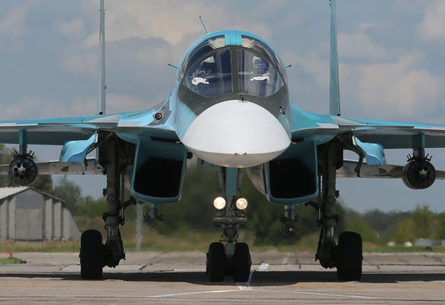 Russian Airforce Sukhoi Su-34 bomber at Aviadarts military exercise at Dyagilevo Airbase, Ryazan. Russia. (Photo by Fyodor Borisov/Transport-Photo Images)