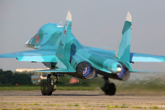 Russian Airforce Sukhoi Su-34 bomber at Aviadarts military exercise at Dyagilevo Airbase, Ryazan. Russia. (Photo by Fyodor Borisov/Transport-Photo Images)