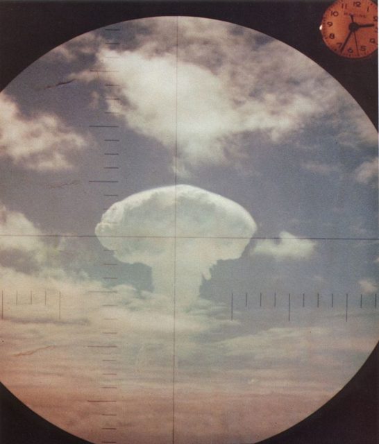 The Frigate Bird explosion seen through the periscope of USS Carbonero (SS-337) [Wikipedia ] Public Domain]