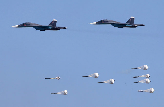 Russian Airforce Sukhoi Su-34 bomber at Aviadarts military exercise at Dubrovichi Air Range. Russia. (Photo by Fyodor Borisov/Transport-Photo Images)