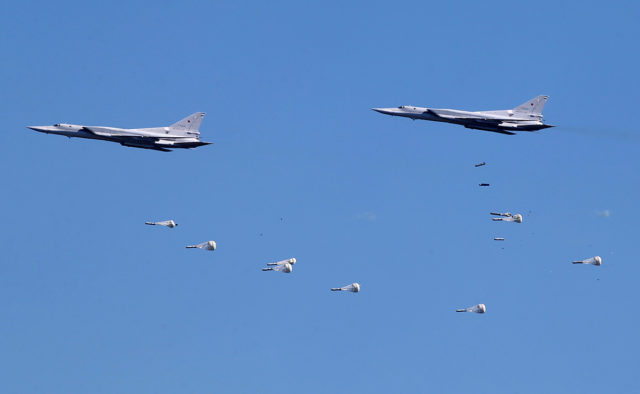 The Russian Airforce Tuoplev Tu-22M3 bomber at Aviadarts military exercise at Dubrovichi Air Range. (Photo by Fyodor Borisov/Transport-Photo Images)