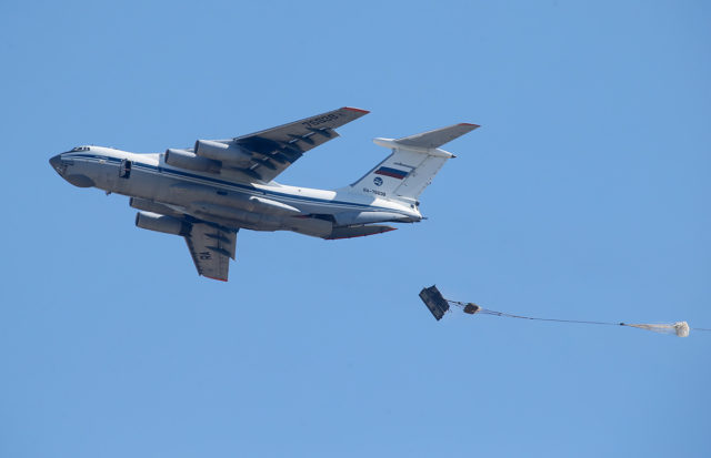 The Russian Airforce Ilyushin Il-76MD makes cargo drop at Aviadarts military exercise at Dubrovichi Air Range. (Photo by Fyodor Borisov/Transport-Photo Images)