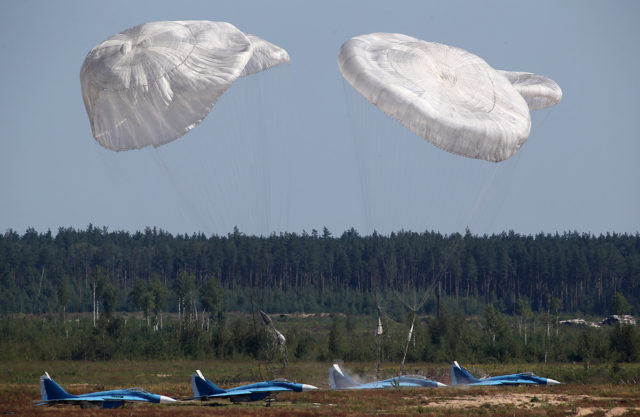 Cargo drop shutes at Aviadarts military exercise at Dubrovichi Air Range. (Photo by Fyodor Borisov/Transport-Photo Images)