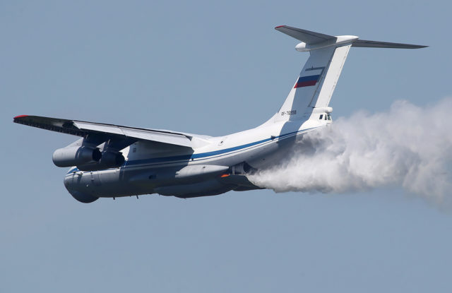 The Russian Airforce Ilyushin Il-76MD makes water drop at Aviadarts military exercise at Dubrovichi Air Range. (Photo by Fyodor Borisov/Transport-Photo Images)