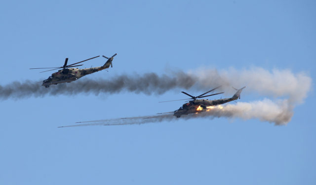 The Mil Mi-24 military helicopter at Aviadarts military exercise at Dubrovichi Air Range. (Photo by Fyodor Borisov/Transport-Photo Images)