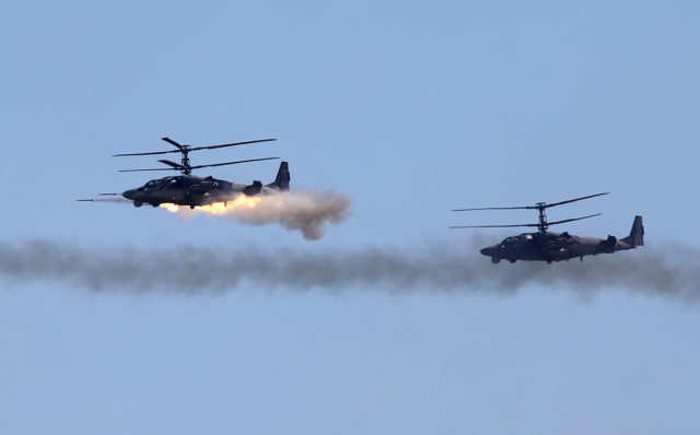 The Russian Airforce Kamov Ka-52 military helicopter at Aviadarts military exercise at Dubrovichi Air Range. (Photo by Fyodor Borisov/Transport-Photo Images)