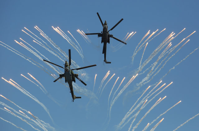 The Mil Mi-28 military helicopter while Aviadarts military exercise at Dubrovichi Air Range. (Photo by Fyodor Borisov/Transport-Photo Images)