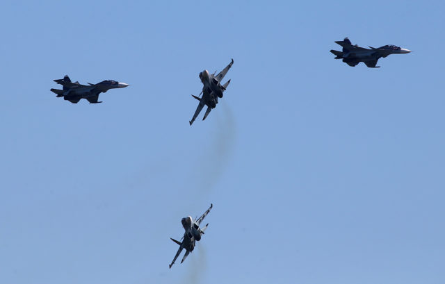 Russian Airforce Sukhoi Su-30 fighter of 'Falcons of Russia' aerobatic group at Aviadarts military exercise at Dubrovichi Air Range. Russia. (Photo by Fyodor Borisov/Transport-Photo Images)