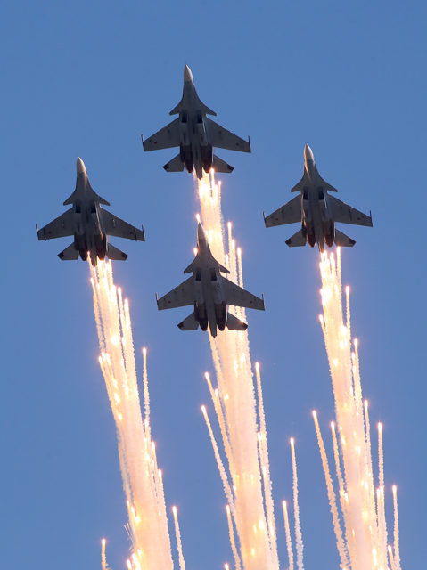 The Russian Air Force aerobatic group 'Falcons of Russia' at Su-30 at Aviadarts military exercise at Dubrovichi Air Range. (Photo by Fyodor Borisov/Transport-Photo Images)