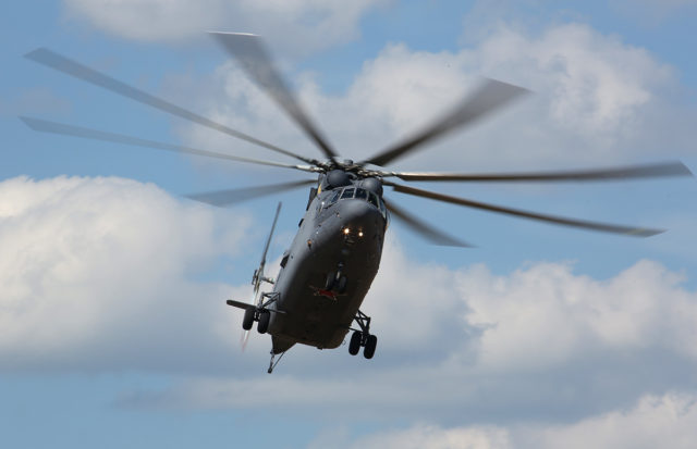 The Mil Mi-26 Russian Airforce military transport helicopter at Aviadarts military exercise at Dubrovichi Air Range. (Photo by Fyodor Borisov/Transport-Photo Images)