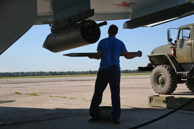 Arming of the Russian Airforce Sukhoi Su-35 fighter at Aviadarts military exercise at Dyagilevo Airbase, Ryazan. Russia. (Photo by Fyodor Borisov/Transport-Photo Images)