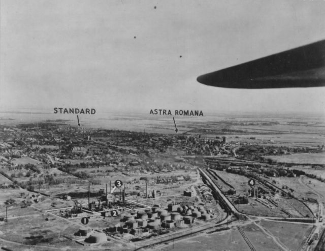 Reconnaissance photo of the two primary oil refineries in Ploesti Romania taken in preparation of the low level B-24 Liberator bomber attack of Aug 1 1943 [U.S. Air Force / Public Domain]