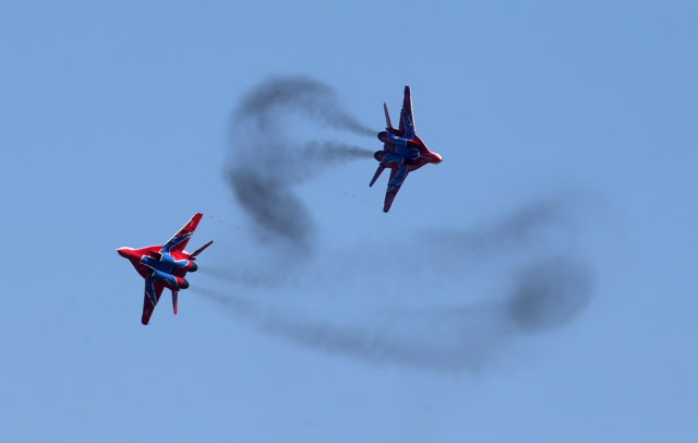 The Russian Airforce aerobatic group 'Swifts' at MiG-29 at Aviadarts military exercise at Dubrovichi Air Range. (Photo by Fyodor Borisov/Transport-Photo Images)