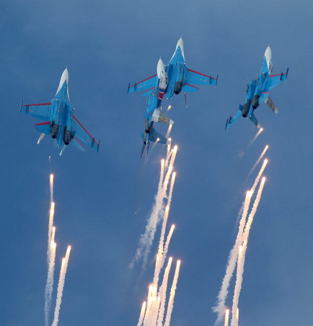 The Russian Air Force aerobatic group 'Russian Knights' at Sukhoi Su-27 at Aviadarts military exercise at Dubrovichi Air Range. (Photo by Fyodor Borisov/Transport-Photo Images)