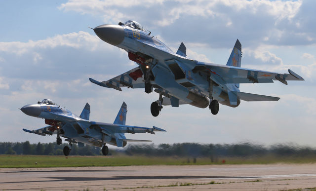 Kazakhstan Airforce Sukhoi Su-27 fighter at Aviadarts military exercise at Dyagilevo Airbase, Ryazan. Russia. (Photo by Fyodor Borisov/Transport-Photo Images)