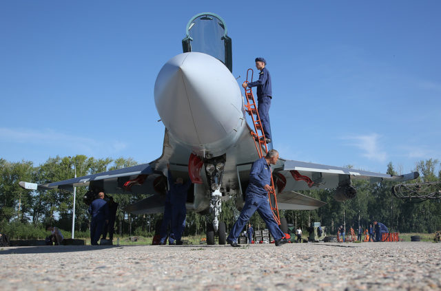 Russian Airforce Sukhoi Su-35 fighter at Aviadarts military exercise at Dyagilevo Airbase, Ryazan. Russia. (Photo by Fyodor Borisov/Transport-Photo Images)