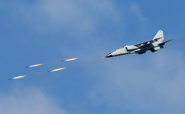 China Airforce Xian JH-7A bomber at Aviadarts military exercise at Dubrovichi Air Range. Russia. (Photo by Fyodor Borisov/Transport-Photo Images)