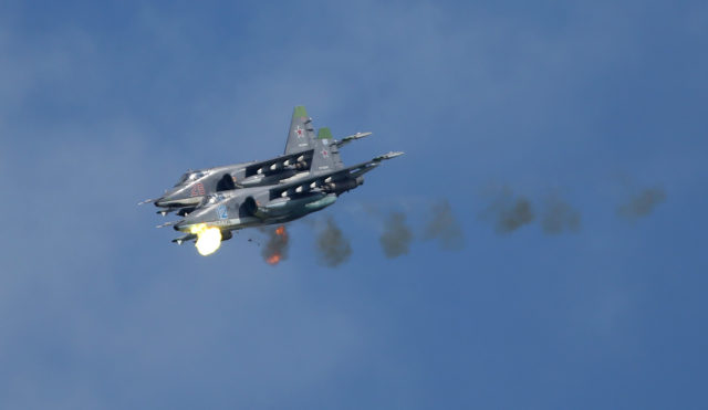 Russian Airforce Sukhoi Su-25 attack plane at Aviadarts military exercise at Dubrovichi Air Range. Russia. (Photo by Fyodor Borisov/Transport-Photo Images)