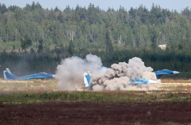 Direct hit by NAR's missile to MiG-29 used as target at Aviadarts military exercise at Dubrovichi Air Range. (Photo by Fyodor Borisov/Transport-Photo Images)