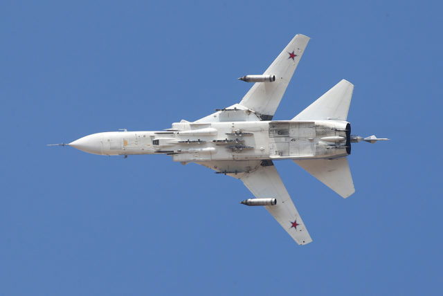 The Russian Airforce Sukhoi Su-24 bomber at Aviadarts military exercise at Dubrovichi Air Range. (Photo by Fyodor Borisov/Transport-Photo Images)