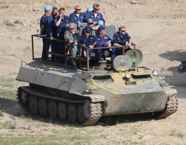 APC vehicle for the Aviadarts referees group to check damages of the targets at Aviadarts military exercise at Dubrovichi Air Range. (Photo by Fyodor Borisov/Transport-Photo Images)