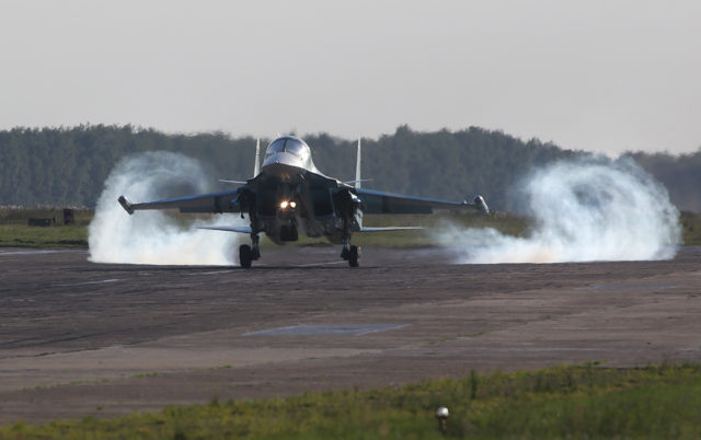 Russian Airforce Sukhoi Su-34 bomber at Aviadarts military exercise at Dyagilevo Airbase, Ryazan. Russia. (Photo by Fyodor Borisov/Transport-Photo Images)