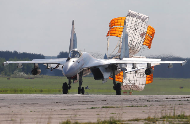 Russian Airforce Sukhoi Su-35 fighter at Aviadarts military exercise at Dyagilevo Airbase, Ryazan. Russia. (Photo by Fyodor Borisov/Transport-Photo Images)