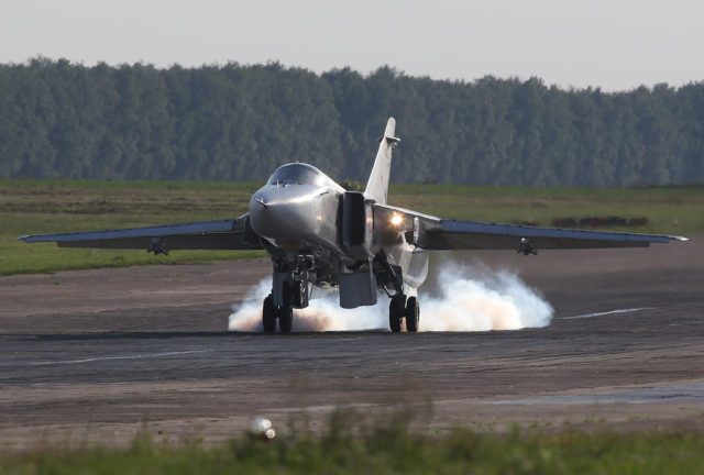 Russian Airforce Sukhoi Su-24 bomber at Aviadarts military exercise at Dyagilevo Airbase, Ryazan. Russia. (Photo by Fyodor Borisov/Transport-Photo Images)