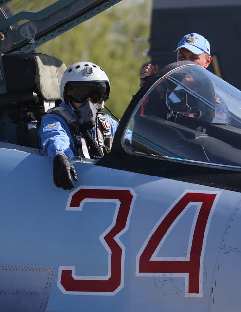 Russian Airforce Sukhoi Su-35 fighter at Aviadarts military exercise at Dyagilevo Airbase, Ryazan. Russia. (Photo by Fyodor Borisov/Transport-Photo Images)