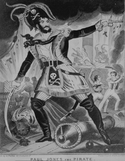 A British Caricature of John Paul Jones as a swash buckling pirate. His antics off the English, Irish and Scottish coast showed the world that the United States was a worthy opponent, and that our navy was not to be taken lightly. Source: Wiki/ public domain