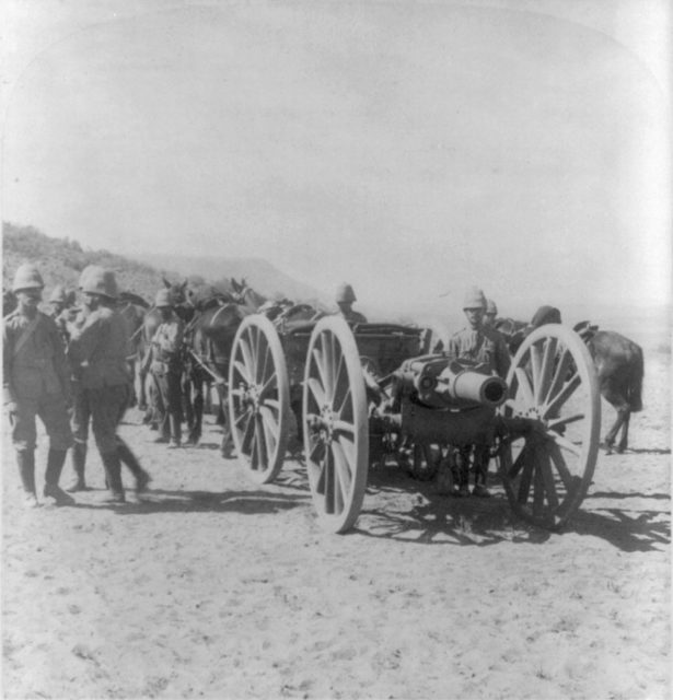 Royal Field Artillery 5-inch howitzer in the Northern Cape, in January, 1900, during the Second Boer War.