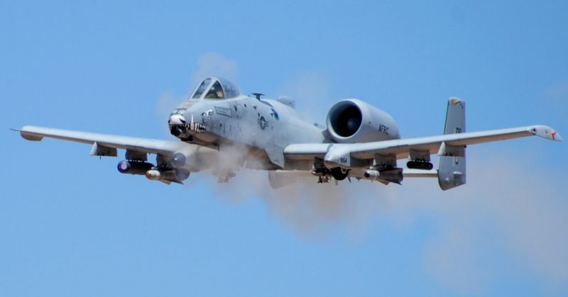 An A-10C Thunderbolt II assigned to the 47th Fighter Squadron performs a low-angle strafe during the 2016 Hawgsmoke competition at the Barry M. Goldwater Range, Ariz., June 2, 2016. Hawgsmoke is a biennial competition focused on tactics the A-10C can employ during combat operations. (U.S. Air Force photo by Airman 1st Class Mya M. Crosby/Released)