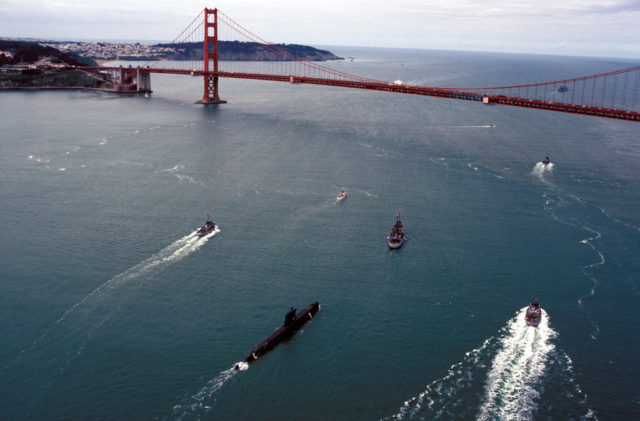 Aerial starboard quarter view of the nuclear-powered attack submarine ex-USS NAUTILUS (SSN 571) being towed under the Golden Gate Bridge, 1985 http://ow.ly/HCns301WD0z
