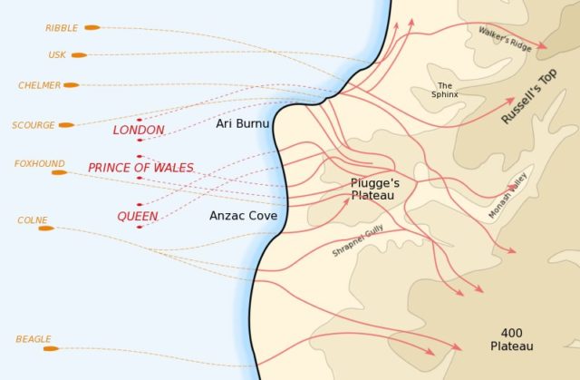 Map of the actual landing of the covering force (3rd Brigade, Australian 1st Division) at Anzac Cove on April 25, 1915 during the Battle of Gallipoli. The red dotted lines are the paths of the first wave in the battleship tows, the orange dotted lines are the paths of the second wave from the destroyers' boats. The red solid lines mark progress of the force after landing. Source: By User:Gsl at en.wiki - Map No. 11 in Ch.12 Derived from Map No. 11 in Ch.12, Vol. I "The Story of Anzac" of the Official History of Australia in the War of 1914-18 by C.E.W. Bean.(1st edition originally published in 1921) p 256 (of the 11th edition), Public Domain, https://commons.wikimedia.org/w/index.php?curid=196457