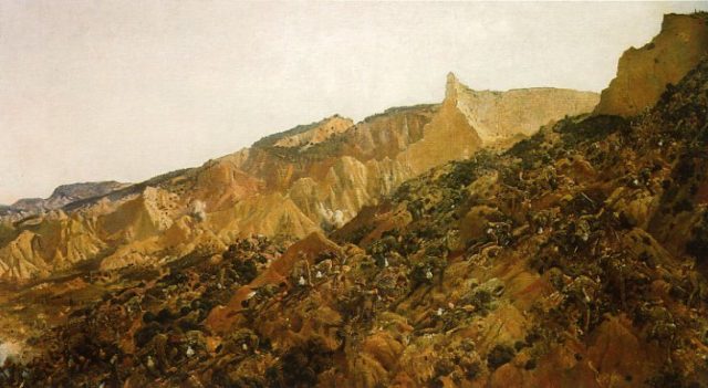 The painting depicts the Australian soldiers of the covering force (3rd Infantry Brigade) climbing the seaward slope of Plugge's Plateau which overlooks the northern end of en:ANZAC CoveAnzac Cove. The view is to the north, towards the main range. The yellow pinnacle is "The Sphinx" and beyond is Walker's Ridge which leads to Russell's Top. The white bag that each soldier is carrying contains two days of rations which were issued specially for the landing. By George Washington Lambert - Unknown, Public Domain, https://commons.wikimedia.org/w/index.php?curid=196453
