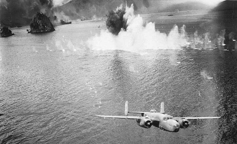B-25 bomber attacking Japanese shipping. 