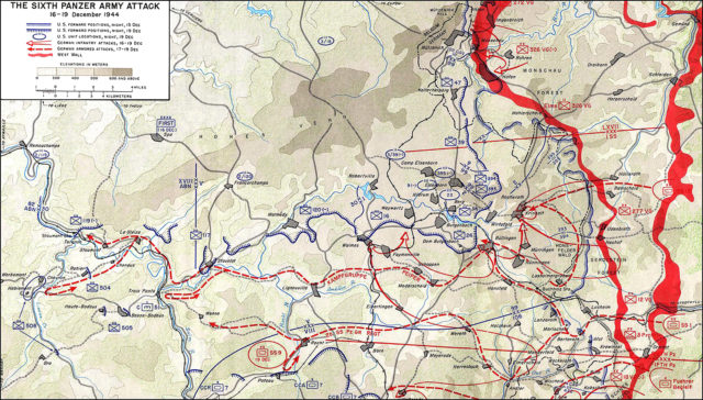 The German advances during the Battle of the Bulge. Elsenborn and Krinkelt are located center right on this map. Image Source: Wikimedia Commons/ public domain.