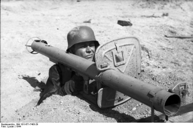 A German anti-tank rocket launcher – Panzershreck.Image Source: Bundesarchiv, Bild 101I-671-7483-29 / Lysiak / CC-BY-SA 3.0