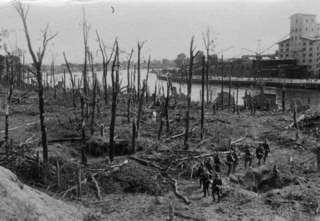 German soldiers on Westerplatte after the battle. Sometimes called the "Polish Verdun" due to the heavy shelling the Poles received [